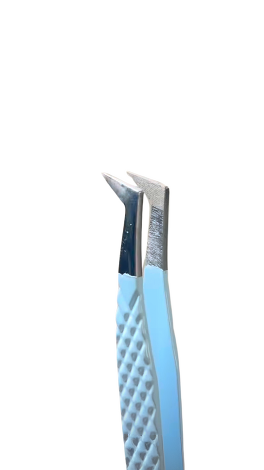Close-up of a blue and silver eyelash extension tool on a white background