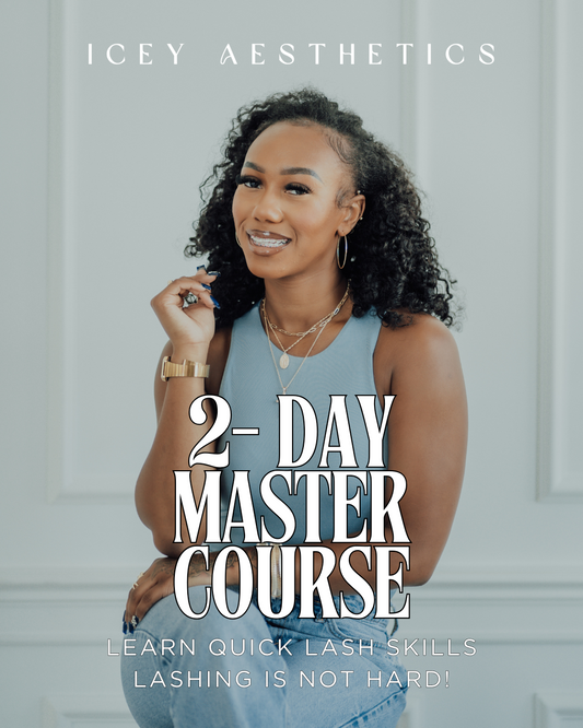 Promotional image for a 2-day master course on lash skills by Icey Aesthetics with a woman posing.