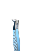 Close-up of a blue and silver eyelash extension tool on a white background